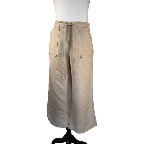 New York & Company Linen Blend Wide Leg Pants Women’s 8 Beige Cropped Drawstring - Picture 5 of 8